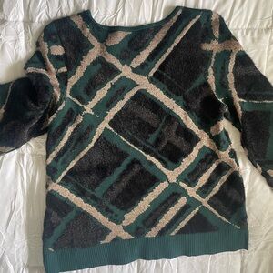 Chico's Geometric Crew Neck Sweater - Green, Black, and Gold